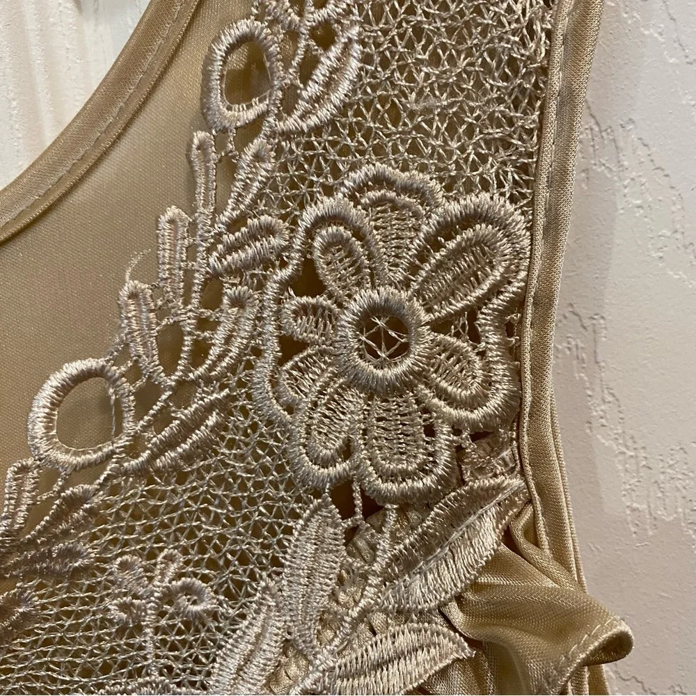 Vintage Long Champagne Satin Nightgown Embroidered Floral Appliqué Top “Happy” - Picture 7 of 17